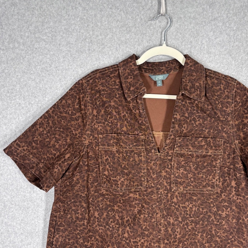 Denim Mini Popover Shirt Dress 0X 14W Leopard Animal Print Pockets Stretch Max